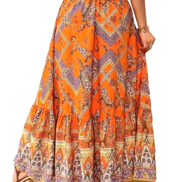 Maxi Skirt Orange Lightweight Flowy Vacay Skirts Vacation Outfit Bohemian Style - Picture 11 of 11